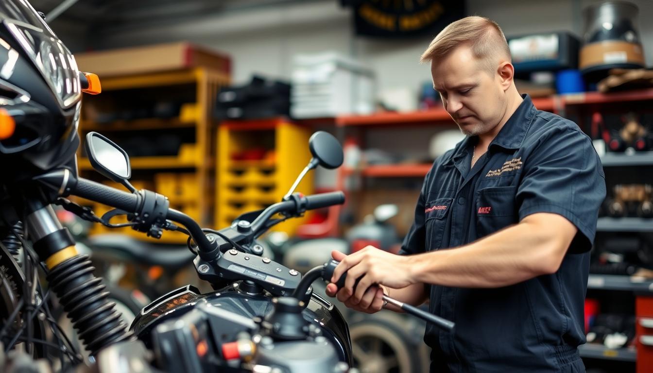 Professional motorcycle mechanic inspecting parts at Motorbike Wreckers South Brisbane