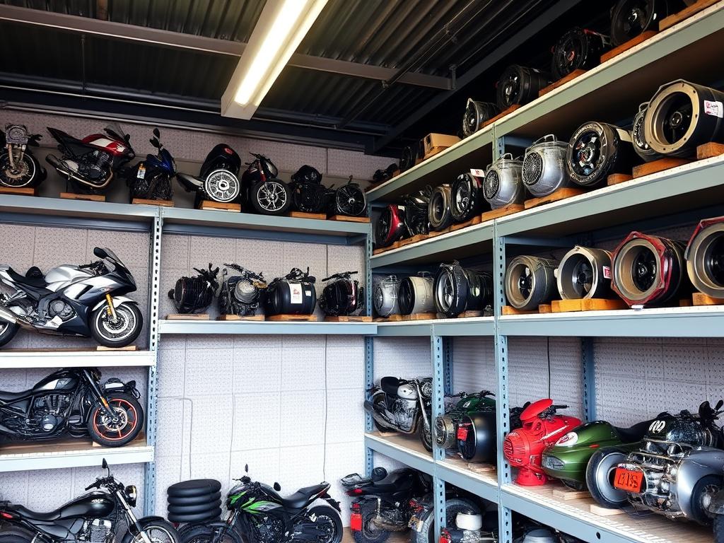 Organized shelves of used motorcycle engines and transmissions at Motorbike Wreckers South Brisbane