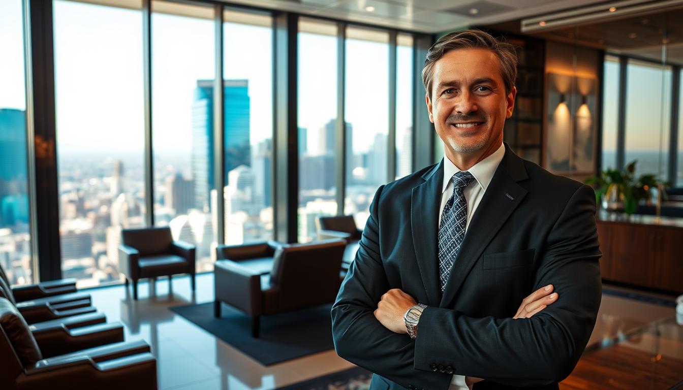 A stately law office in the heart of downtown Los Angeles, with a sleek, modern facade of glass and steel. Sunlight streams through the windows, illuminating the plush leather chairs and polished mahogany furniture within. In the foreground, a distinguished-looking attorney, clad in a sharp, tailored suit, stands confidently, ready to advocate for the rights of injury victims. The background showcases the bustling cityscape of Southern California, a testament to the firm's expertise and reach. The mood is one of professionalism, success, and unwavering commitment to justice.