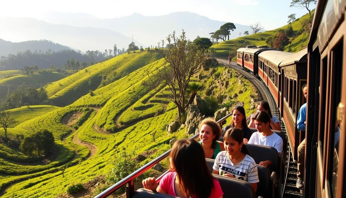 Coimbatore to Ooty travel packages showcase the scenic winding roads through lush green hills, dotted with quaint tea plantations and colonial-era bungalows. In the foreground, a group of tourists board a luxury coach, their faces alight with excitement. The middle ground reveals breathtaking vistas of the Nilgiri mountains, their peaks shrouded in mist. In the background, the historic Ooty train chugs along the narrow-gauge tracks, its vintage charm capturing the essence of this timeless journey. The scene is bathed in warm, golden sunlight, conveying a sense of adventure and tranquility.