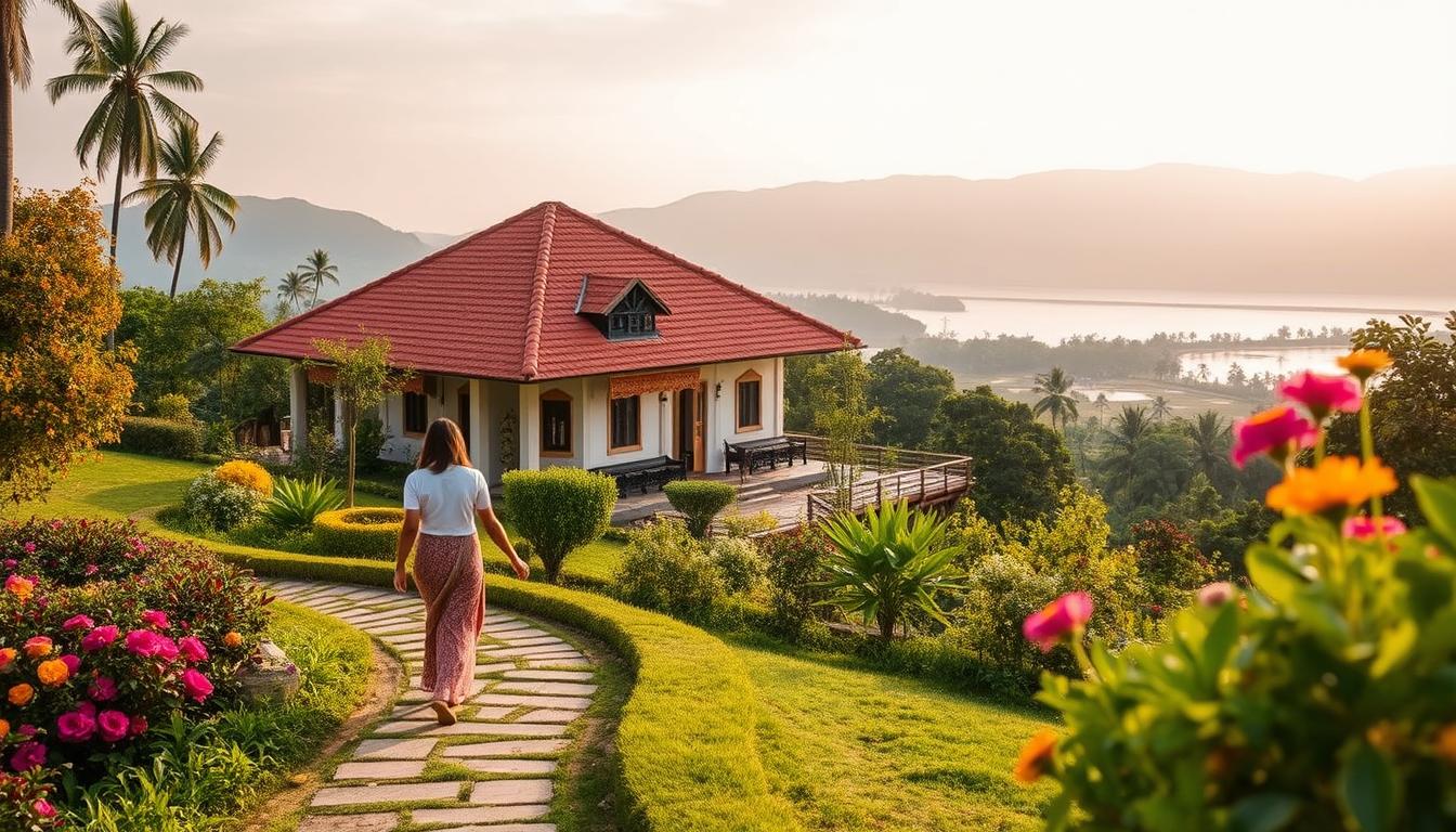 A tranquil scene of a honeymoon tour package in Coimbatore. In the foreground, a couple strolls hand-in-hand on a picturesque garden path, surrounded by lush greenery and vibrant flowers. The middle ground features a traditional Tamil-style villa with a tiled roof and ornate architecture, nestled amidst a backdrop of rolling hills and a serene lake. The scene is bathed in warm, golden light, creating a romantic and inviting atmosphere. The composition is framed by a wide-angle lens, capturing the grandeur of the natural setting and the cozy intimacy of the couple's journey.