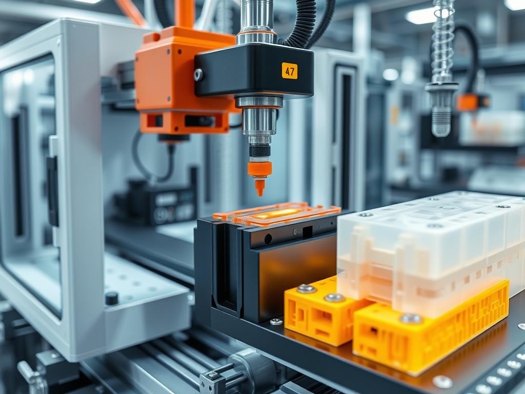 Hybrid manufacturing cell combining injection molding and 3D printing