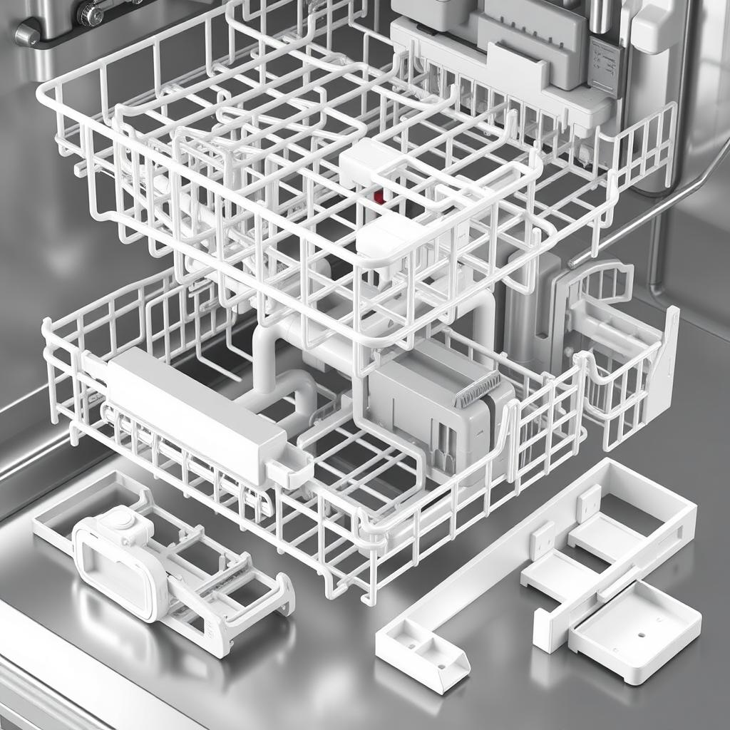 Injection-molded dishwasher racks and spray arms