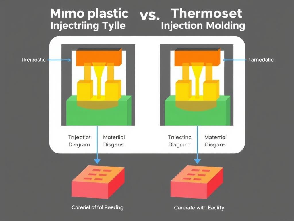 Comparison of thermoplastic and thermoset injection molding processes showing different material behaviors
