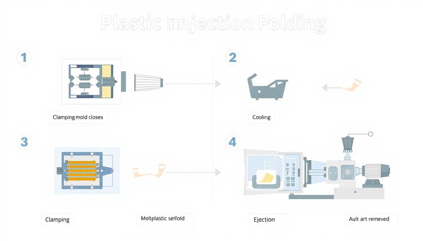 Diagram showing the four main steps of the plastic injection molding process: clamping, injection, cooling, and ejection