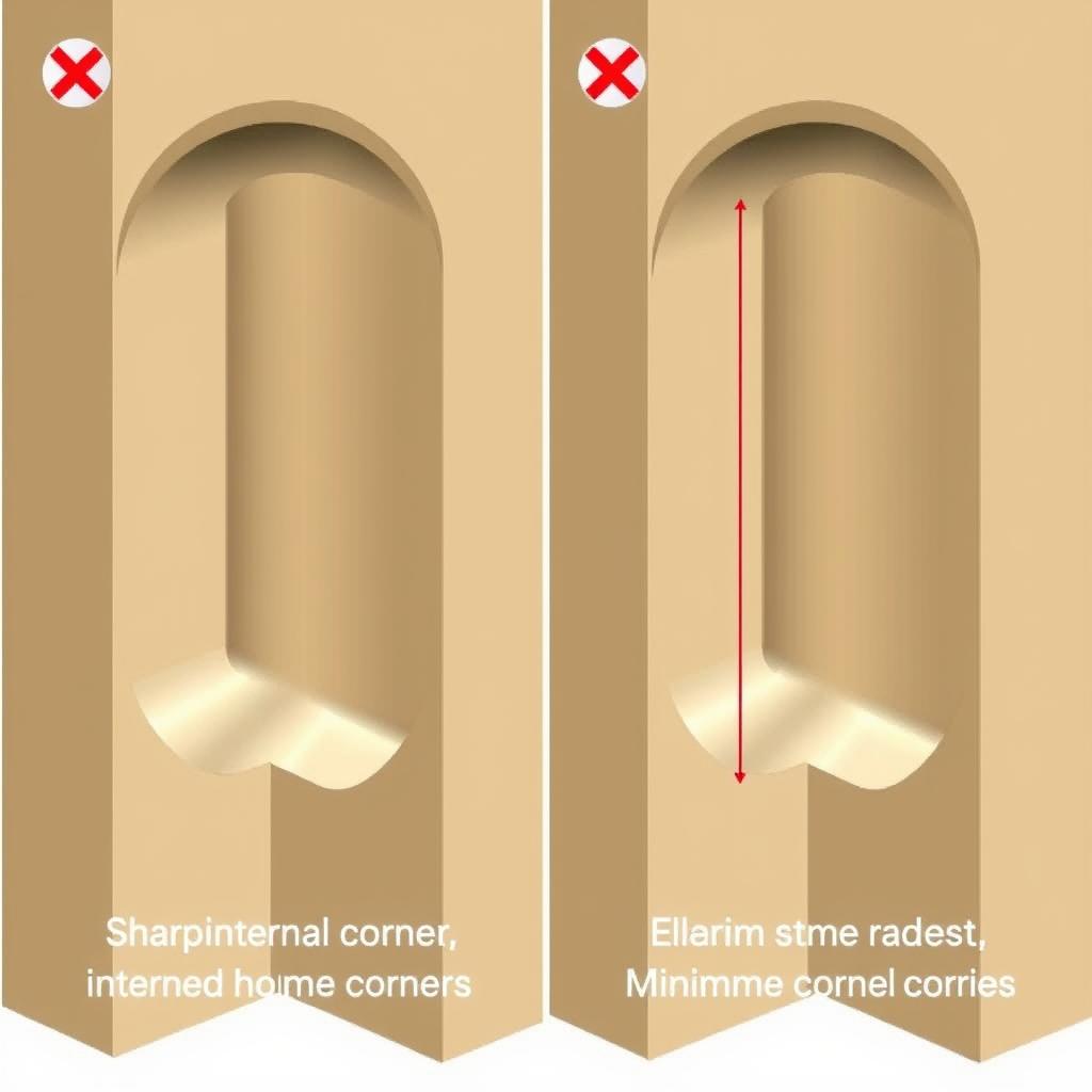 Comparison of sharp internal corners vs. proper corner radii for CNC machining