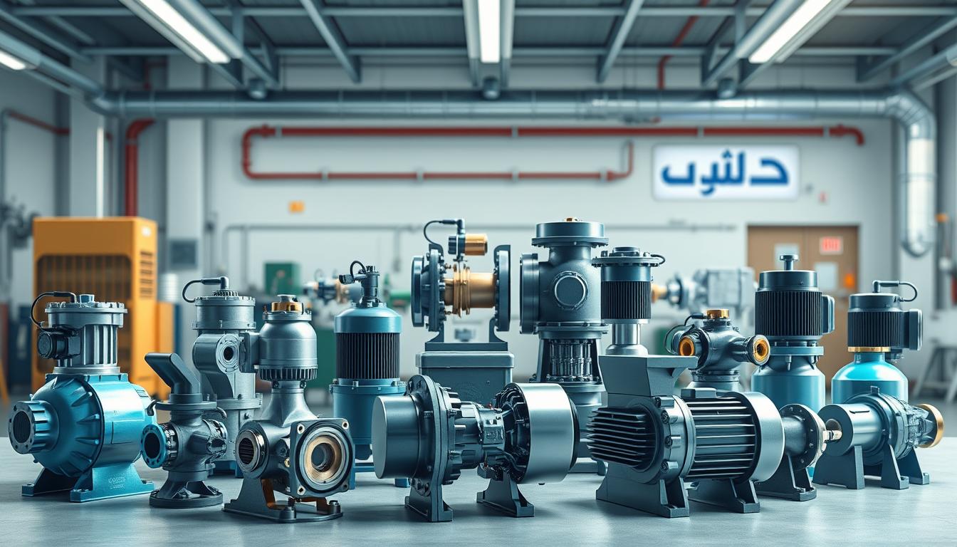 A detailed, technical illustration of various types of water pumps commonly used in Kuwait. Showcase a variety of pump models in the foreground, including centrifugal, submersible, and positive displacement pumps, presented with precise engineering details. In the middle ground, depict the internal components and mechanics of these pumps, while the background showcases a clean, industrial setting with the &quot;شركة الوسم&quot; branding visible. Capture the pumps under soft, directional lighting that emphasizes their form and function, creating a sense of professionalism and expertise. The overall atmosphere should convey the specialized knowledge and capabilities required for repairing and maintaining these essential water pumping systems.