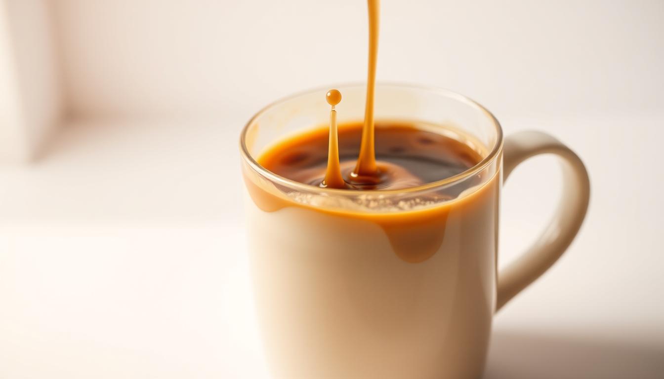 A close-up photograph of a steaming mug of coffee with a swirling, golden-brown liquid substance dissolving into the brew. The mug is set against a clean, minimalist background, with soft, warm lighting casting a gentle glow. The liquid substance appears to have a viscous, syrupy texture, suggesting a dietary supplement or metabolism-boosting additive. The composition should convey a sense of natural, organic wellness and the science-backed effectiveness of the product.