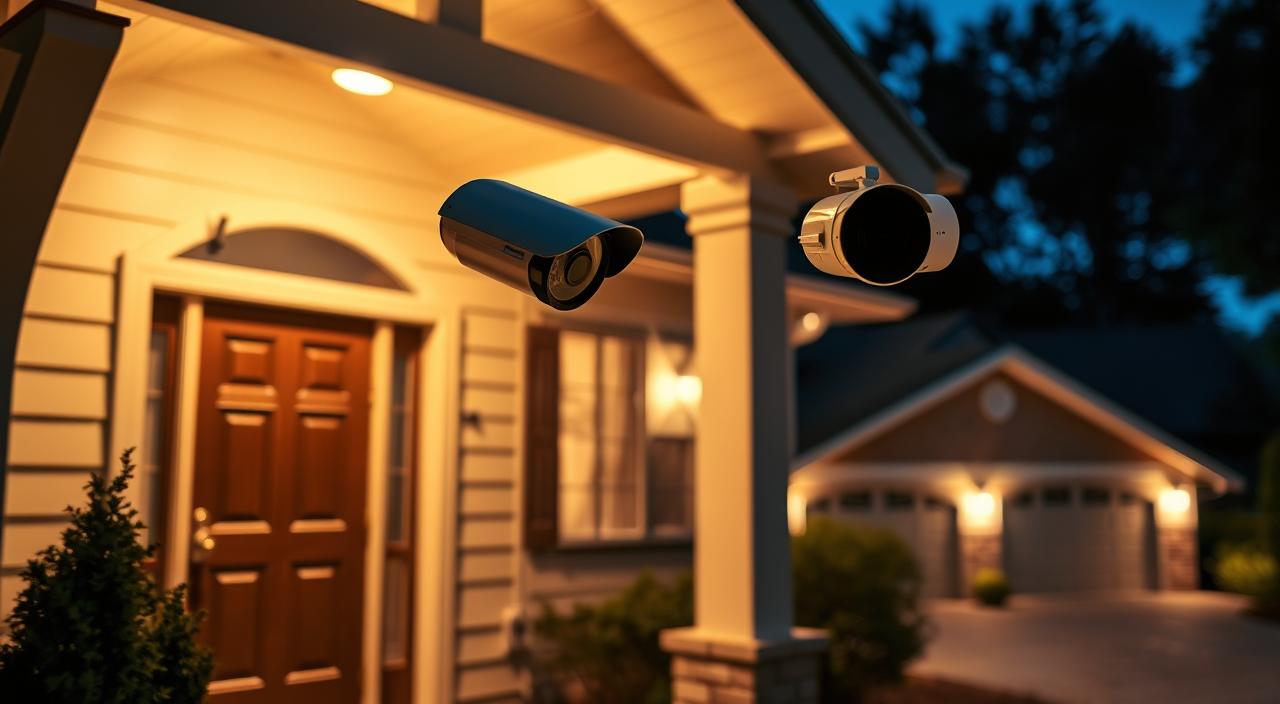 A well-lit suburban house facade, with a homeowner meticulously positioning two outdoor security cameras: one angled to capture the front door and walkway, the other trained on the driveway and garage. The cameras are mounted on sturdy brackets, strategically placed under the eaves to blend seamlessly with the home's architecture. Warm, diffused lighting illuminates the scene, creating a sense of safety and security. The camera lenses are high-quality, offering crisp, wide-angle views to maximize coverage. The overall composition emphasizes the importance of thoughtful camera placement for comprehensive monitoring of a home's exterior.