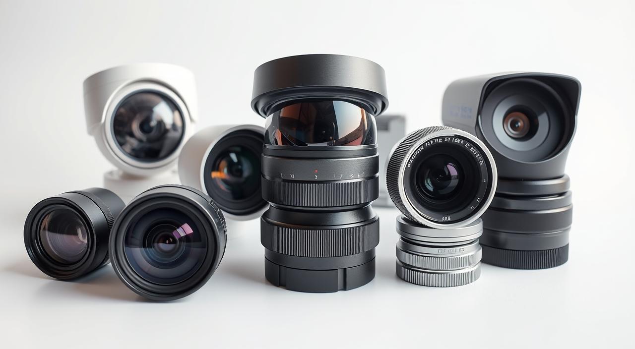 Outdoor security camera lenses in a meticulously detailed still life composition. A central row of various lens types - fisheye, wide-angle, telephoto, and zoom - showcased against a crisp, clean white background. Soft, directional lighting illuminates the lenses, highlighting their intricate shapes and textures. The lenses are positioned at slightly different angles, creating a sense of depth and emphasizing their unique capabilities. The overall atmosphere is professional, technical, and focused, conveying the importance of selecting the right lens for outdoor surveillance applications.
