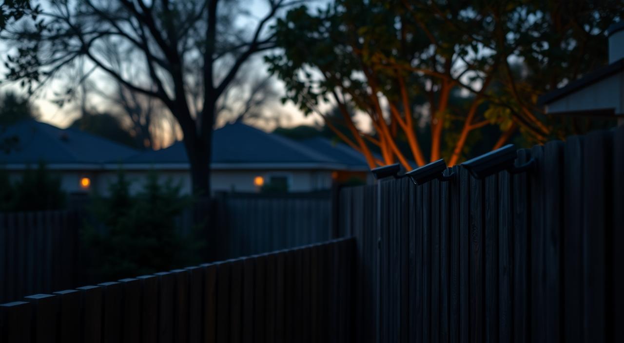 A secluded suburban backyard at dusk, with a row of discreet yet high-quality outdoor surveillance cameras mounted along the fence line. The cameras are subtle and blended into the environment, featuring low-profile housings with a matte black finish. Narrow-beam LED illuminators provide infrared night vision, casting a soft glow over the scene. The cameras are positioned at strategic angles to provide comprehensive coverage of the yard and perimeter. An air of unobtrusive security and vigilance pervades the setting, creating a sense of safeguard without compromising the peaceful, natural ambiance.
