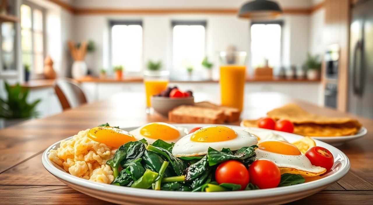 A meticulously lit high-resolution photograph showcasing a selection of healthy breakfast recipes centered on eggs. In the foreground, a plate with beautifully presented scrambled eggs, poached eggs, and an omelette, accompanied by sliced avocado, sautéed spinach, and cherry tomatoes. In the middle ground, a wooden table with additional breakfast items such as whole grain toast, a small bowl of fresh berries, and a glass of fresh orange juice. The background features a bright, airy kitchen setting with natural light streaming in through large windows, creating a warm and inviting atmosphere. The lighting is soft and diffused, highlighting the vibrant colors and textures of the ingredients. The overall composition is balanced and visually appealing, conveying a sense of simplicity, nutrition, and culinary expertise.