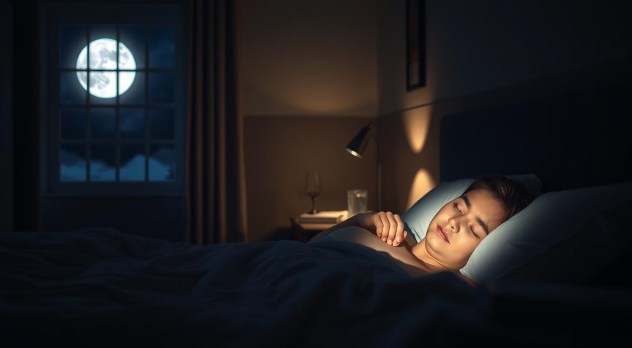 A dimly lit bedroom, with muted tones and a sense of tranquility. In the foreground, a sleeping person rests peacefully, their face relaxed and serene, illuminated by a soft, warm light. The middle ground depicts a nightstand with a bedside lamp, a glass of water, and a book, symbolizing the importance of a restful sleep environment. The background showcases a window, allowing a subtle glow of moonlight to filter in, creating a calming atmosphere. The overall scene conveys the impact of quality sleep on an individual's health and wellbeing.