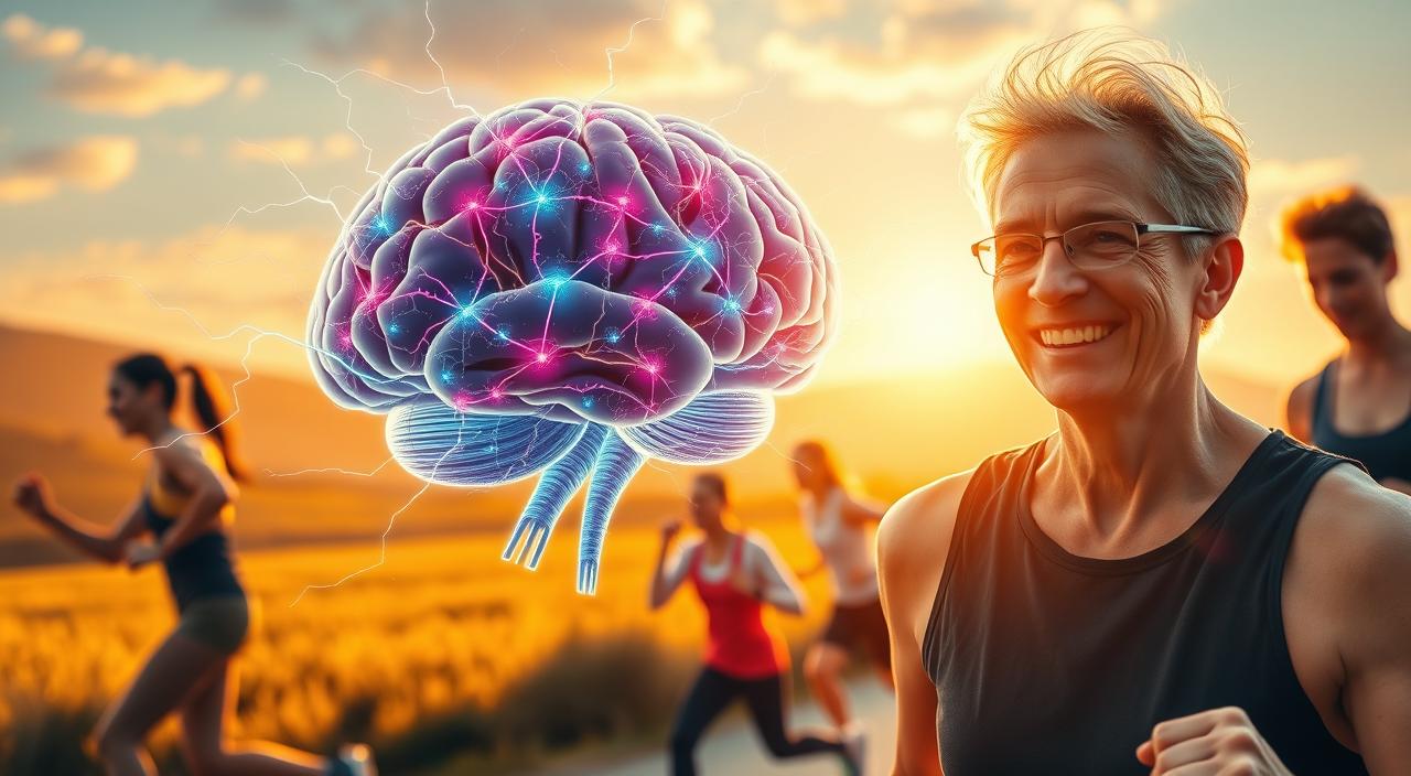 A vibrant, dynamic scene showcasing the benefits of exercise on brain health. In the foreground, a person of any age engages in a variety of physical activities, their face radiating with energy and focus. The middle ground depicts neural pathways and synaptic connections in the brain, pulsing with vibrant colors and electricity, symbolizing the increased cognitive function and neuroplasticity triggered by exercise. The background features a serene, nature-inspired landscape, evoking a sense of balance, mindfulness, and overall well-being. Warm, golden lighting bathes the entire scene, creating a harmonious, uplifting atmosphere. Captured with a wide-angle lens to convey a sense of depth and immersion.