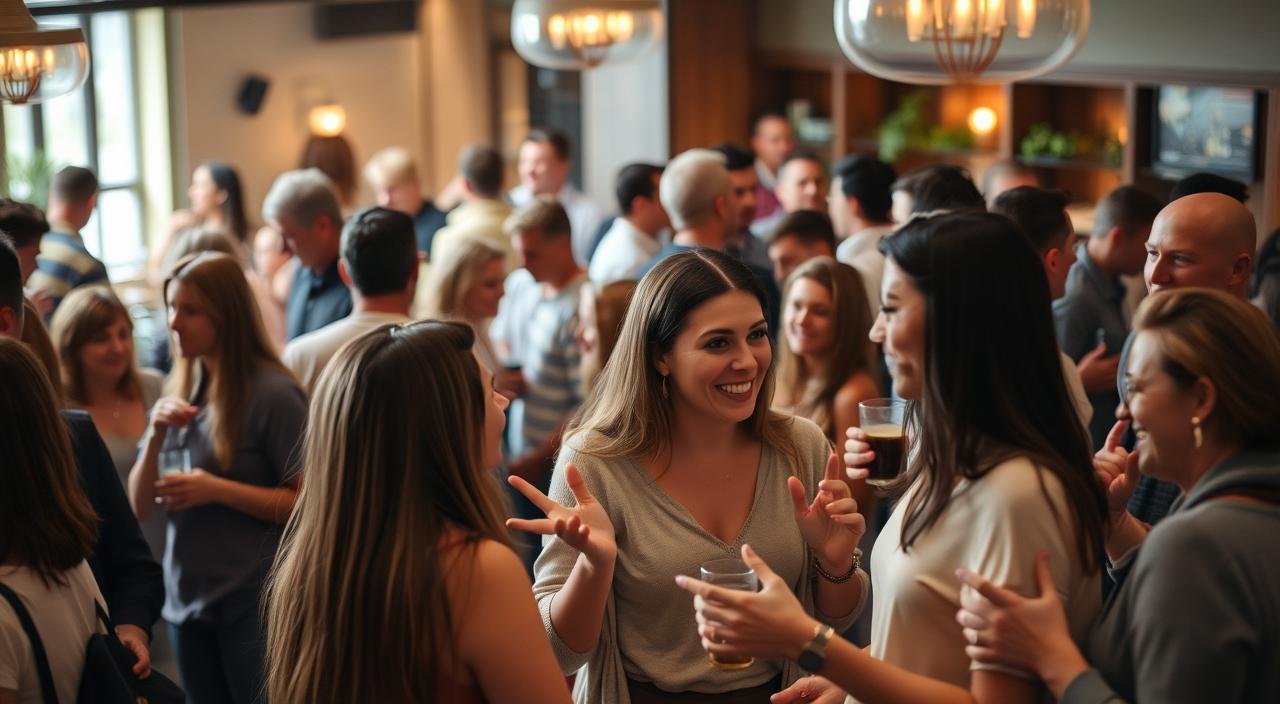 A bustling social gathering with people engaged in lively conversations. In the foreground, a group of friends standing around a table, gesturing animatedly as they discuss a topic. Soft, warm lighting illuminates their faces, creating an inviting atmosphere. In the middle ground, other attendees mingle, some holding drinks, others laughing and exchanging ideas. The background depicts a cozy, modern space with tasteful decor, hinting at the setting's sophistication. The overall scene conveys a sense of dynamic interaction, where individuals navigate social situations with confidence and ease.