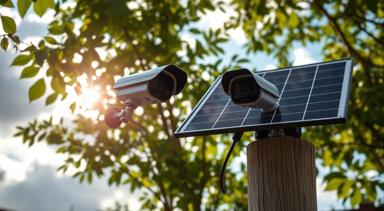 Outdoor camera power alternatives: a rugged solar panel setup powering a weather-resistant outdoor security camera, mounted on a wooden post against a backdrop of lush greenery and a partly cloudy sky. The camera lens captures the scene with a wide-angle perspective, showcasing the self-sustaining power solution in a natural, real-world setting. Warm sunlight filters through the leaves, casting dynamic shadows and creating a sense of tranquility. The setup exemplifies an off-grid, sustainable approach to keeping homes and properties secure, even in areas without reliable electricity.