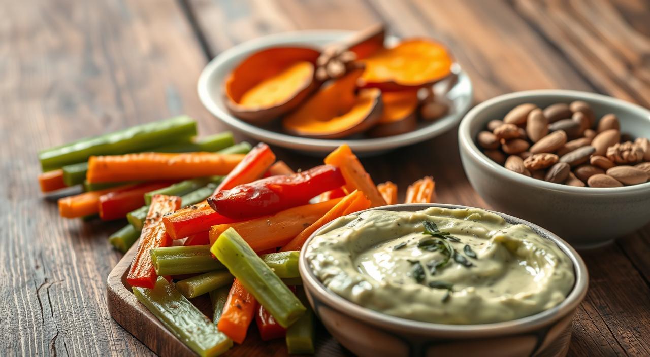A delectable assortment of savory, anti-inflammatory snacks arranged on a rustic wooden table. In the foreground, an array of roasted vegetable sticks - carrots, celery, and bell peppers - dipped in a creamy avocado-based dip. In the middle ground, a plate of baked sweet potato wedges sprinkled with fragrant herbs and spices. In the background, a bowl of mixed nuts and seeds, including almonds, walnuts, and pumpkin seeds. Soft, natural lighting casts a warm glow over the scene, creating an inviting and wholesome atmosphere.