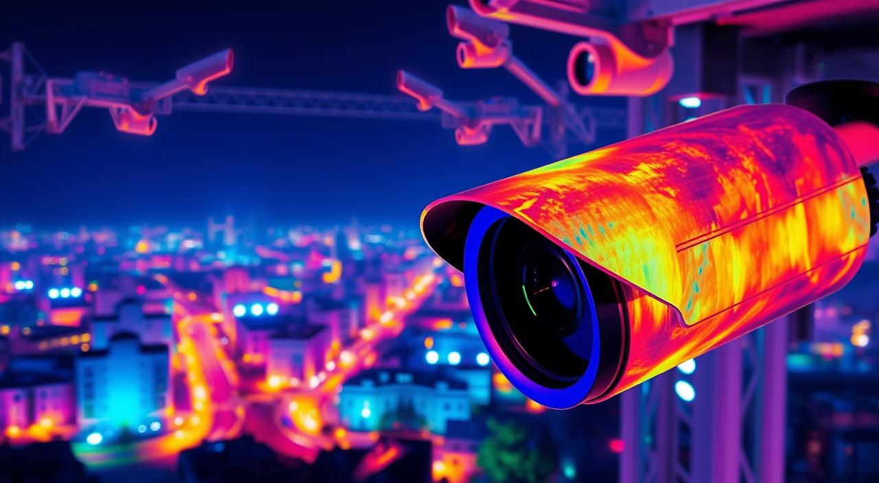 A high-resolution, detailed image of thermal imaging technology. In the foreground, a state-of-the-art thermal camera with a sleek, modern design, its lens and sensor array capturing the heat signatures of the scene. In the middle ground, a cityscape at night, buildings and streets lit by the warm glow of infrared radiation, contrasting against the cool blues and purples of the night sky. In the background, a network of thermal imaging sensors and monitoring stations, conveying the powerful surveillance capabilities of this technology. The image has a technical, scientific aesthetic, with a focus on the advanced engineering and capabilities of the thermal imaging system.
