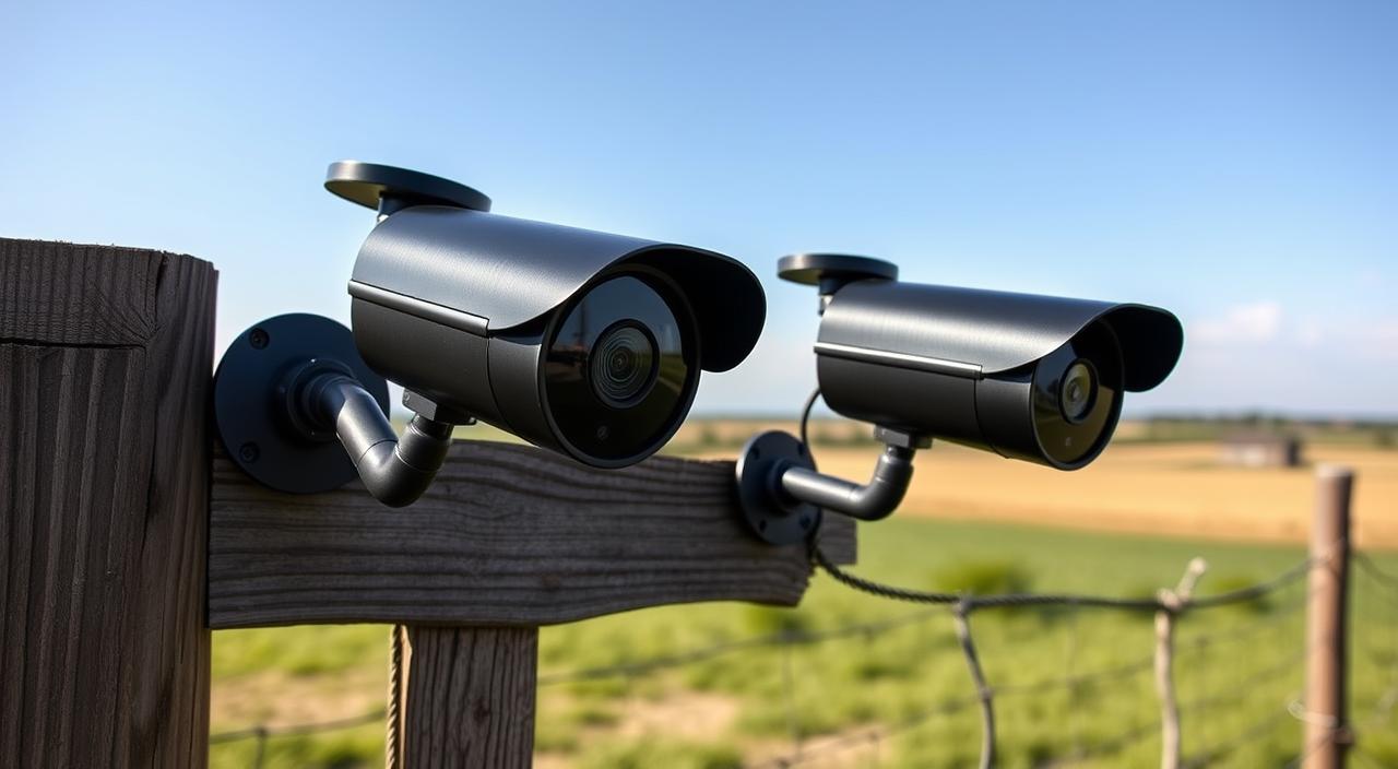 Outdoor Security Cameras Without WiFi: Standalone Surveillance in a Wireless World. A pair of black, weatherproof security cameras mounted on a rustic wooden fence, their lenses carefully angled to cover the perimeter. Crisp, high-definition video feeds captured by these off-grid sentinels, stored locally on compact SD cards. No need for WiFi or internet connectivity - these cameras operate independently, powered by solar panels and motion sensors that trigger recordings at the first sign of activity. The scene is bathed in soft, natural lighting, creating clear, detailed imagery even in low-light conditions. A serene, rural landscape stretches out in the background, underscoring the self-contained nature of this robust, disconnected surveillance system.