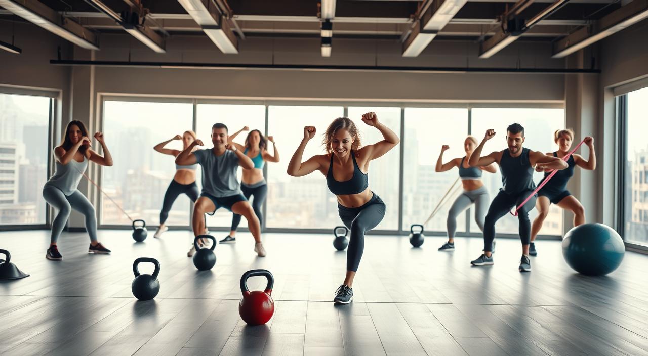 A vibrant, dynamic scene showcasing essential functional fitness exercises for everyday life. In the foreground, a diverse group of individuals perform a variety of exercises, such as squats, lunges, push-ups, and core stability moves, all with proper form and engaged expressions. The middle ground features an open, well-lit fitness studio with minimalist equipment, including kettlebells, resistance bands, and stability balls. The background depicts large windows overlooking an urban cityscape, bathed in warm, natural lighting that creates a sense of energy and vitality. The overall atmosphere is one of purposeful movement, functional strength, and a commitment to holistic well-being.