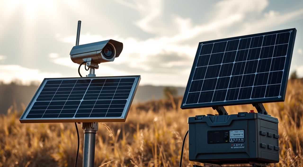 A remote outdoor surveillance camera setup, powered by a hybrid system featuring a compact solar panel and a backup battery bank. The camera is mounted on a sturdy metal pole, its sleek housing blending seamlessly with the natural surroundings. Warm sunlight filters through wispy clouds, casting a soft glow on the scene. The solar panel tilts at an optimal angle, efficiently converting the sun's energy to electricity. Nearby, the battery enclosure is discreetly positioned, its status indicators displaying a consistent, reliable charge. The entire setup exudes a sense of rugged practicality, designed to provide uninterrupted monitoring even in areas without access to the grid.