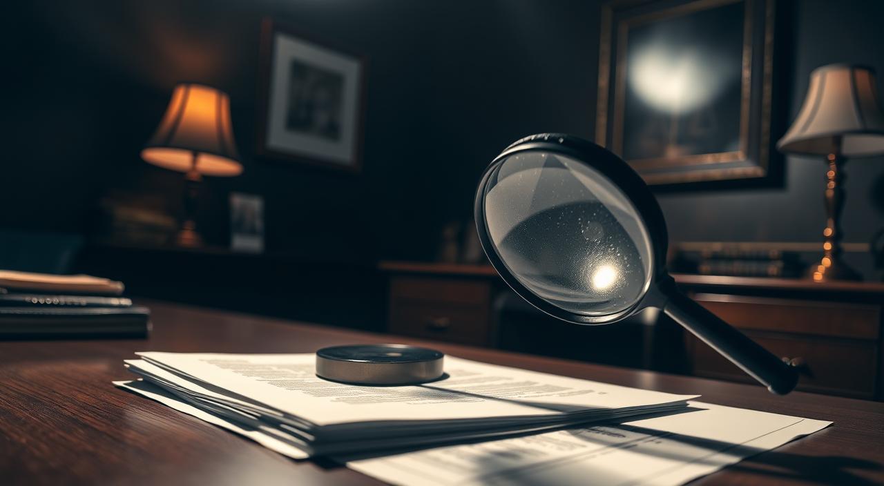 A dimly lit legal office with a wooden desk, an old-fashioned desk lamp, and a framed image of the scales of justice on the wall. On the desk, a magnifying glass hovers over a stack of legal documents, casting shadows across the surface. The atmosphere is serious and contemplative, conveying the gravity of the subject matter - the legal landscape surrounding hidden outdoor cameras. The lighting is warm and moody, creating a sense of depth and intrigue. The camera angle is slightly low, looking up at the desk, emphasizing the importance of the legal materials.
