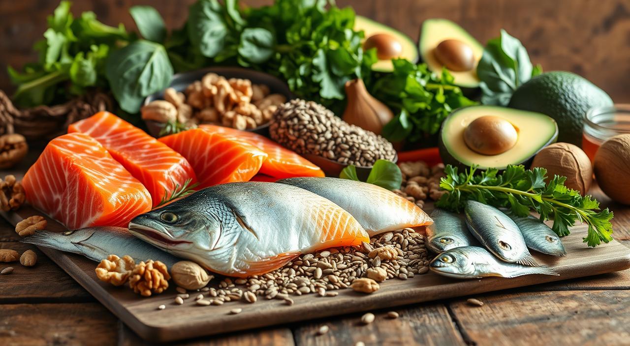 A bountiful still life featuring an assortment of omega-3 rich foods, bathed in warm, natural lighting. In the foreground, a variety of fish, including salmon, mackerel, and sardines, arranged delicately on a rustic wooden surface. In the middle ground, a selection of nuts and seeds, such as walnuts, flaxseeds, and chia seeds, scattered artfully. In the background, a lush array of leafy greens, avocados, and other vibrant plant-based ingredients, complementing the overall healthy, earthy composition. The image exudes a sense of abundance, nourishment, and a celebration of the power of these anti-inflammatory, omega-3 rich foods.
