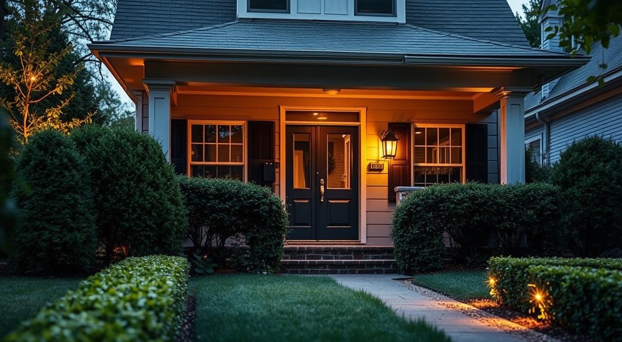 A discreet, low-profile outdoor security camera system adorns the front of a cozy suburban home. The cameras, mounted under the eaves, blend seamlessly with the home's architecture, their sleek black housings echoing the color scheme of the roof and trim. Subtle indicator lights blink softly, signaling their vigilant operation. The surrounding landscape is meticulously landscaped, with neatly trimmed hedges and a well-maintained lawn, creating a sense of order and security. Warm, diffused lighting from the porch and pathway illuminates the scene, casting a welcoming glow. The overall impression is one of a hidden, yet effective, home security solution that prioritizes both protection and aesthetic harmony.