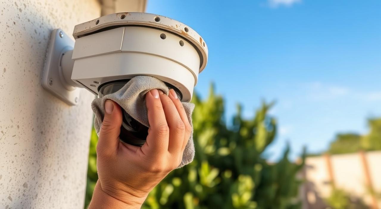 Outdoor security camera maintenance: A close-up view of a technician's hands carefully cleaning the lens of a weathered outdoor security camera mounted on a white stucco wall. The camera is angled slightly downward, capturing a wide view of the backyard landscaping in soft, natural lighting. The technician uses a microfiber cloth to gently wipe away dust and grime, ensuring the camera's optics are crystal clear. In the background, lush green foliage and a clear blue sky set a serene, peaceful atmosphere, conveying the importance of proper camera upkeep for reliable home security surveillance.