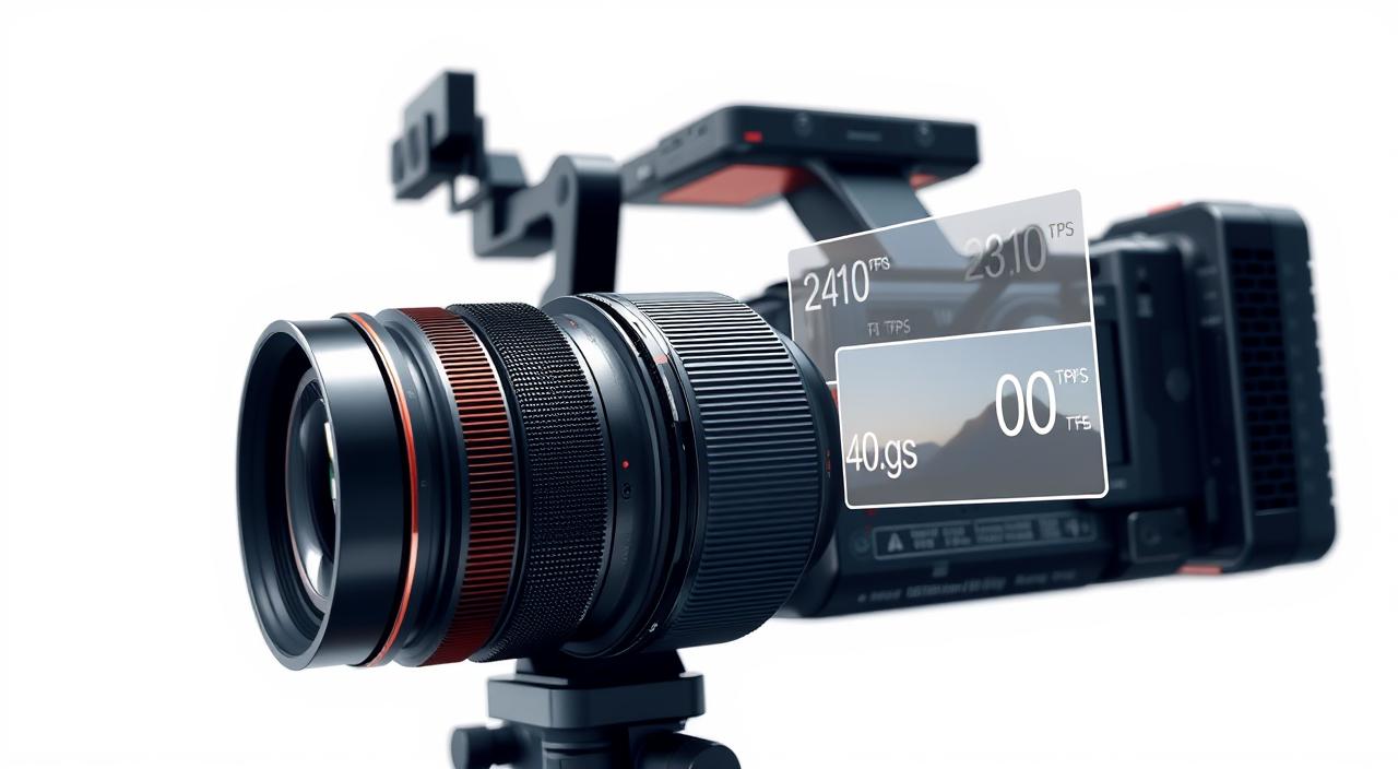 A detailed illustration of a camera with various frame rate settings prominently displayed, showcasing the differences between common frame rates like 24fps, 30fps, and 60fps. The camera is positioned in the foreground, with a clean, minimalist background that allows the technical details to take center stage. The lighting is soft and directional, highlighting the camera's mechanical components and emphasizing the visual differences between the frame rate options. The overall mood is informative and educational, guiding the viewer's understanding of this important camera specification.