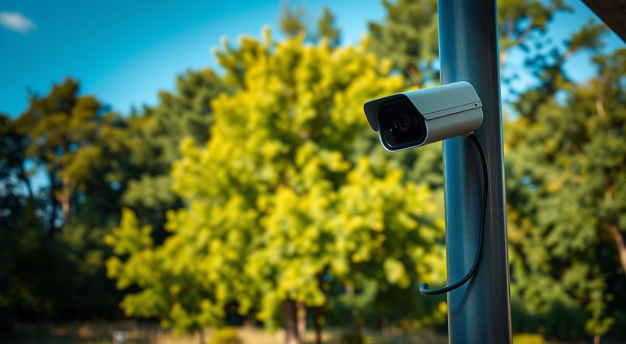 A well-lit outdoor scene featuring a sleek, modern security camera mounted on a sturdy metal pole. The camera's housing is discreet and unobtrusive, blending seamlessly with the surrounding environment. Soft shadows from the camera's lens and housing create a sense of depth and dimension. In the background, a lush, verdant landscape with towering trees and a clear, blue sky. The camera is connected to a power source via a discrete Power over Ethernet (PoE) cable, which provides both power and data transmission, eliminating the need for additional wiring or power outlets. The overall scene conveys a sense of security, efficiency, and environmental harmony.