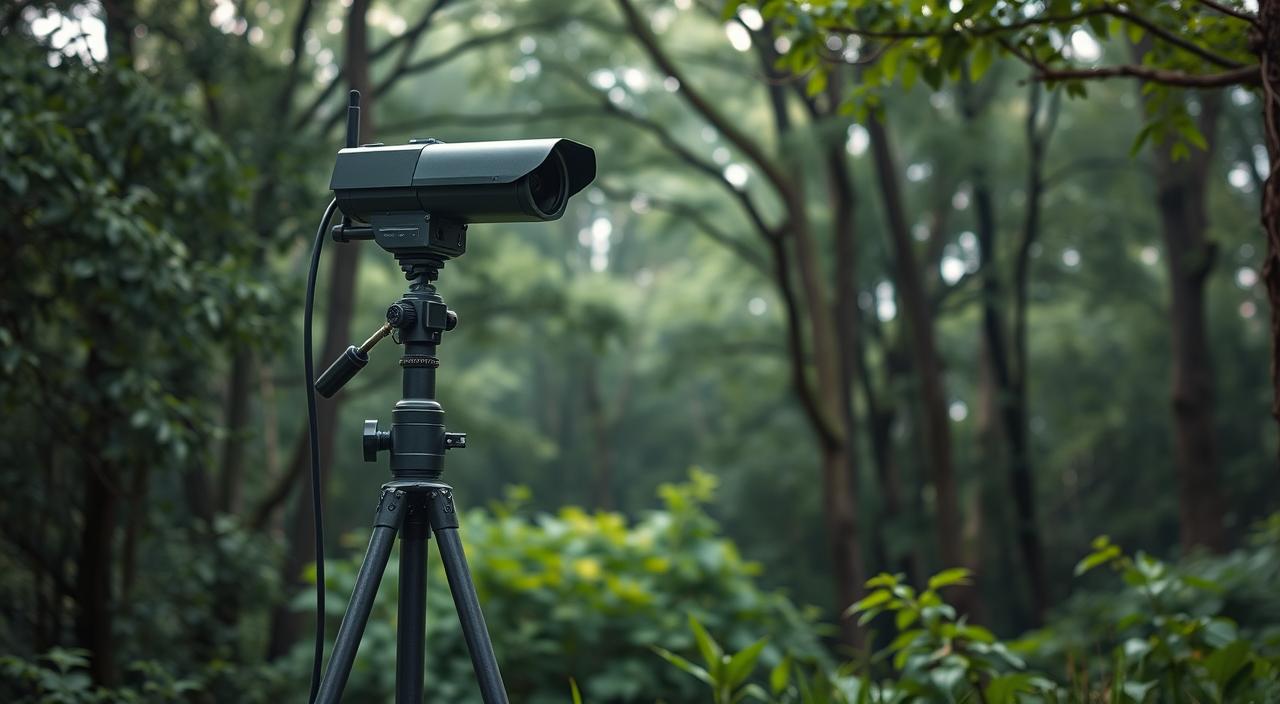 A rugged, weatherproof outdoor camera system standing in a lush, verdant forest. The camera has a sturdy metal housing with a long telephoto lens and multiple infrared sensors. It is mounted on a tall, industrial-looking tripod with adjustable legs, blending seamlessly into the natural environment. Soft, diffused lighting filters through the tree canopy, creating a moody, atmospheric scene. The camera appears self-contained, without any visible cables or wireless antennas, conveying its independence from WiFi connectivity. The overall composition emphasizes the camera's durability, versatility, and ability to function autonomously in remote, off-the-grid locations.
