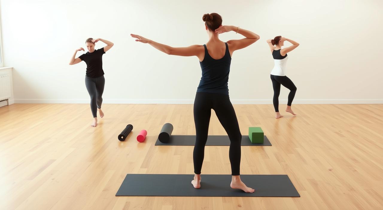 A well-lit studio setting with a hardwood floor. In the foreground, a person performing a series of joint mobility exercises, such as arm circles, leg swings, and neck rotations. Their movements are graceful and controlled, highlighting the fluidity of the joints. In the middle ground, various exercise props like resistance bands, foam rollers, and yoga blocks are neatly arranged, suggesting a focus on joint health and flexibility. The background features a minimalist, neutral-toned wall, creating a clean and calming atmosphere. The lighting is soft and diffused, accentuating the subject's form and the textures of the exercise equipment. The overall mood is one of focused, intentional movement, emphasizing the importance of joint health and mobility.