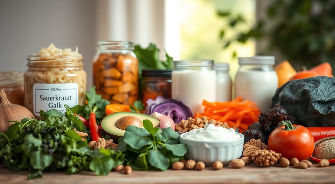 A vibrant still-life composition showcasing an assortment of gut-healing foods. In the foreground, various whole foods are artfully arranged, including sauerkraut, kimchi, kefir, probiotic-rich yogurt, and a variety of fermented vegetables. The middle ground features a scattering of leafy greens, such as spinach and kale, along with sliced avocado and a handful of nuts. The background is softly blurred, creating a sense of depth and focus on the nutritious ingredients. The lighting is natural and diffused, casting a warm, inviting glow over the scene. The overall mood is one of health, wellness, and the nourishing power of whole, gut-supportive foods.