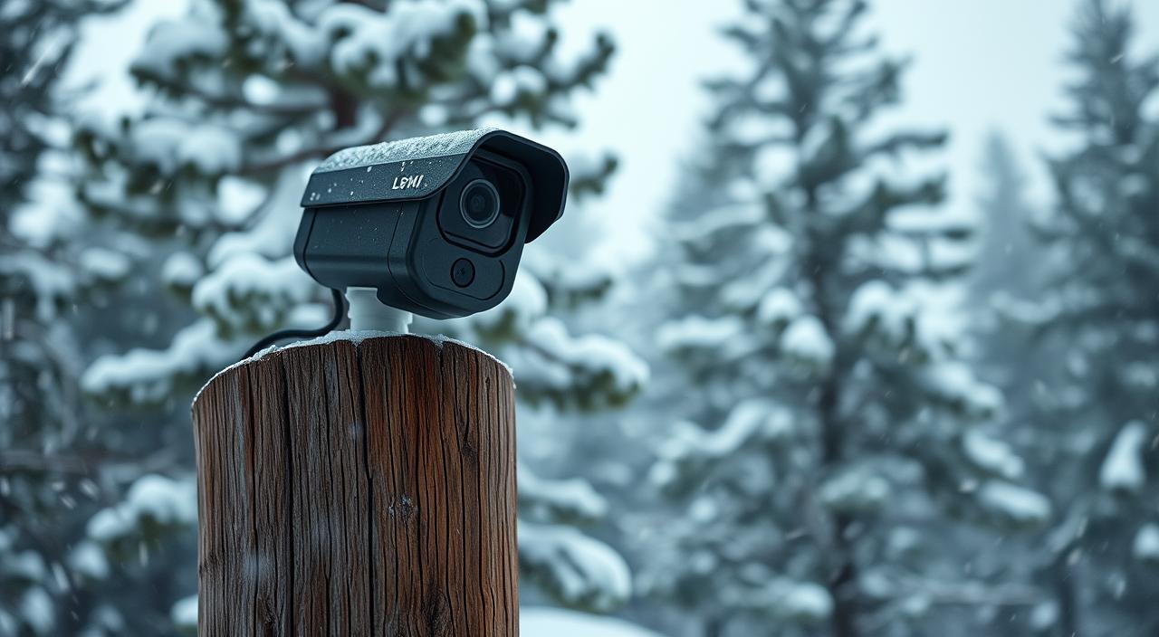 A rugged outdoor security camera mounted on a weathered wooden post, its lens protected by a sturdy housing. Harsh winter weather rages around it, with heavy snow falling and icy winds whipping through the bare branches of towering pine trees in the background. The camera's LED indicators blink steadily, undeterred by the elements, as it diligently records the scene in high definition. Warm lighting from the camera's infrared illuminators casts a soft glow, creating an atmospheric contrast against the frigid, monochromatic landscape. The camera's advanced software and AI-powered algorithms work tirelessly to maintain optimal performance, ensuring clear, reliable footage even in the most challenging environmental conditions.