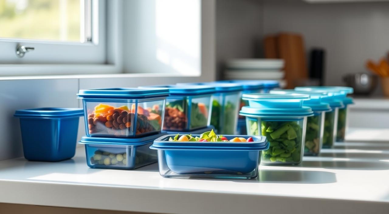 A neatly arranged set of sleek, square meal prep containers in various shades of blue and green, meticulously lined up on a white kitchen counter. The containers have tightly sealed lids and transparent bodies, allowing the viewer to see the fresh, colorful ingredients within. Soft, diffused natural lighting from a nearby window illuminates the scene, casting gentle shadows and highlighting the containers' modern, minimalist design. The overall atmosphere conveys a sense of organization, practicality, and a commitment to healthy, mindful meal preparation.