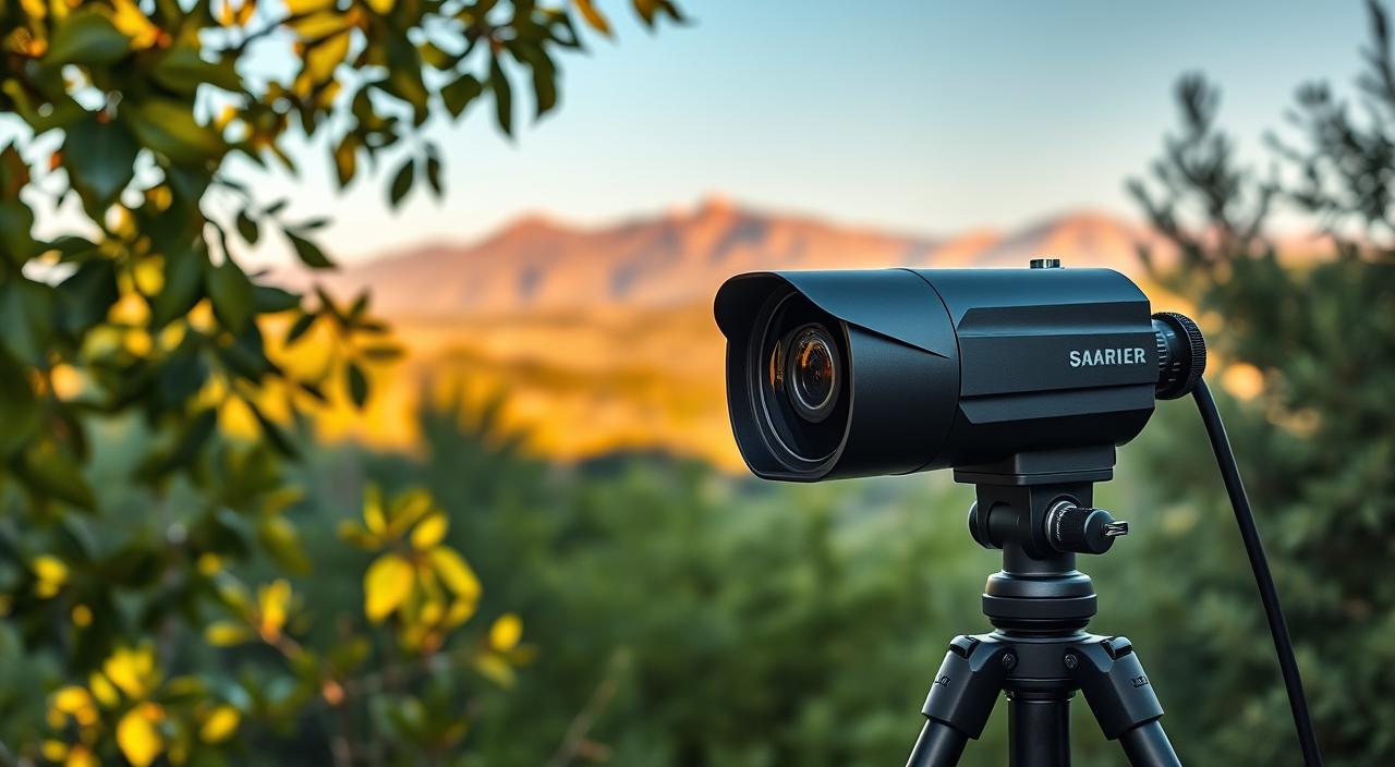 A sleek, high-end outdoor camera setup in a natural, tranquil setting. In the foreground, a premium weatherproof camera with a wide dynamic range (WDR) lens rests on a sturdy tripod, capturing a serene landscape. The camera's body has a matte black finish, complementing the rugged yet sophisticated design. The middle ground features lush, verdant foliage, with sunlight filtering through the leaves, creating a warm, diffuse lighting effect. In the background, a distant mountain range stands tall, its peaks and ridges silhouetted against a vibrant, golden-hued sky. The overall scene conveys a sense of advanced technology seamlessly integrated into a picturesque outdoor environment, highlighting the camera's ability to perform well in challenging lighting conditions.