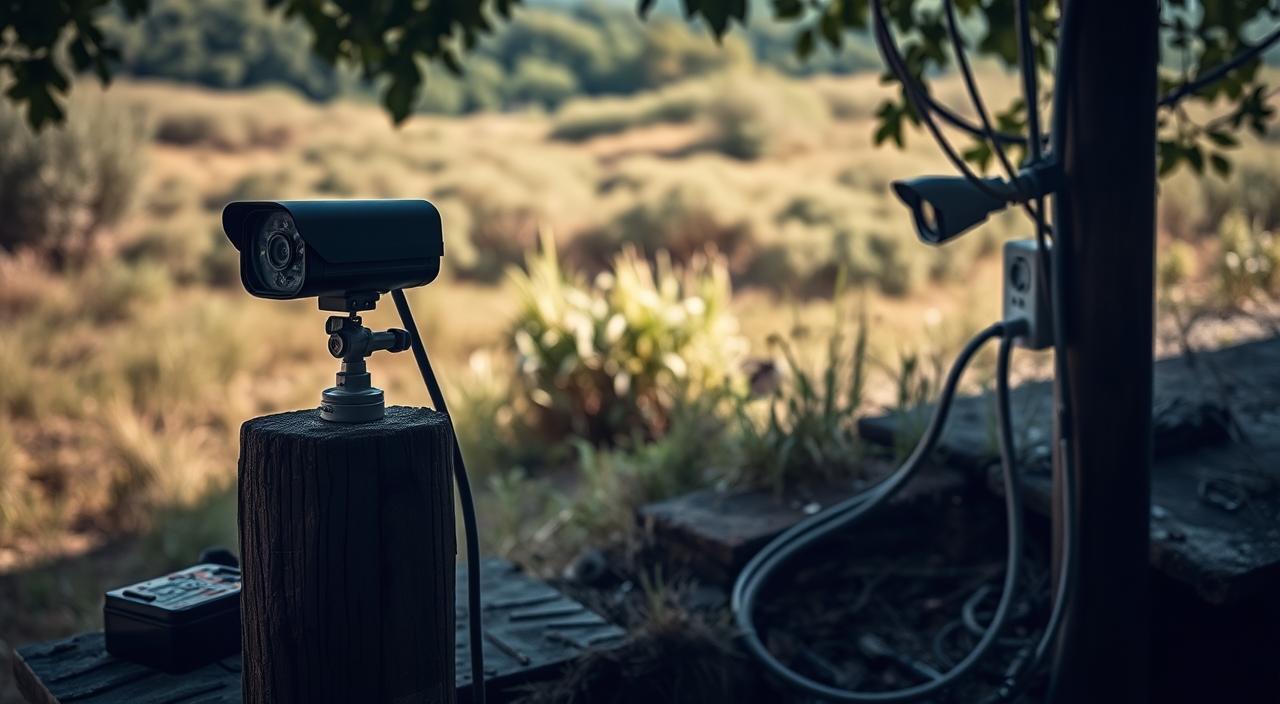 A dimly lit outdoor scene showcasing two power options for a non-WiFi security camera. In the foreground, a rugged battery-powered camera mounted on a weathered wooden post, with a set of batteries visible nearby. In the middle ground, a hardwired camera connected to an electrical outlet via a thick, industrial-grade cable running along the ground. The background is a natural landscape with lush foliage, hinting at the camera's outdoor application. The lighting is soft and atmospheric, casting subtle shadows and highlights to accentuate the technical details. The overall mood is one of practical functionality, suitable for a reliable off-grid surveillance solution.