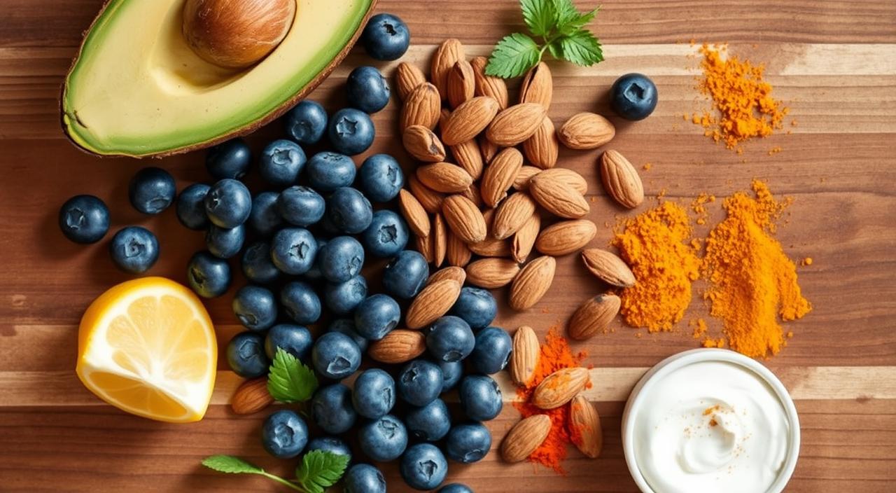 A crisp, well-lit overhead shot of a wooden table covered in a variety of anti-inflammatory breakfast ingredients, including fresh blueberries, sliced avocado, a handful of almonds, a wedge of lemon, a small bowl of plain Greek yogurt, and a sprinkle of ground turmeric. The ingredients are arranged in an artful, natural-looking composition, with soft shadows and highlights accentuating their vibrant colors and textures. The image conveys a sense of healthfulness, simplicity, and culinary sophistication.