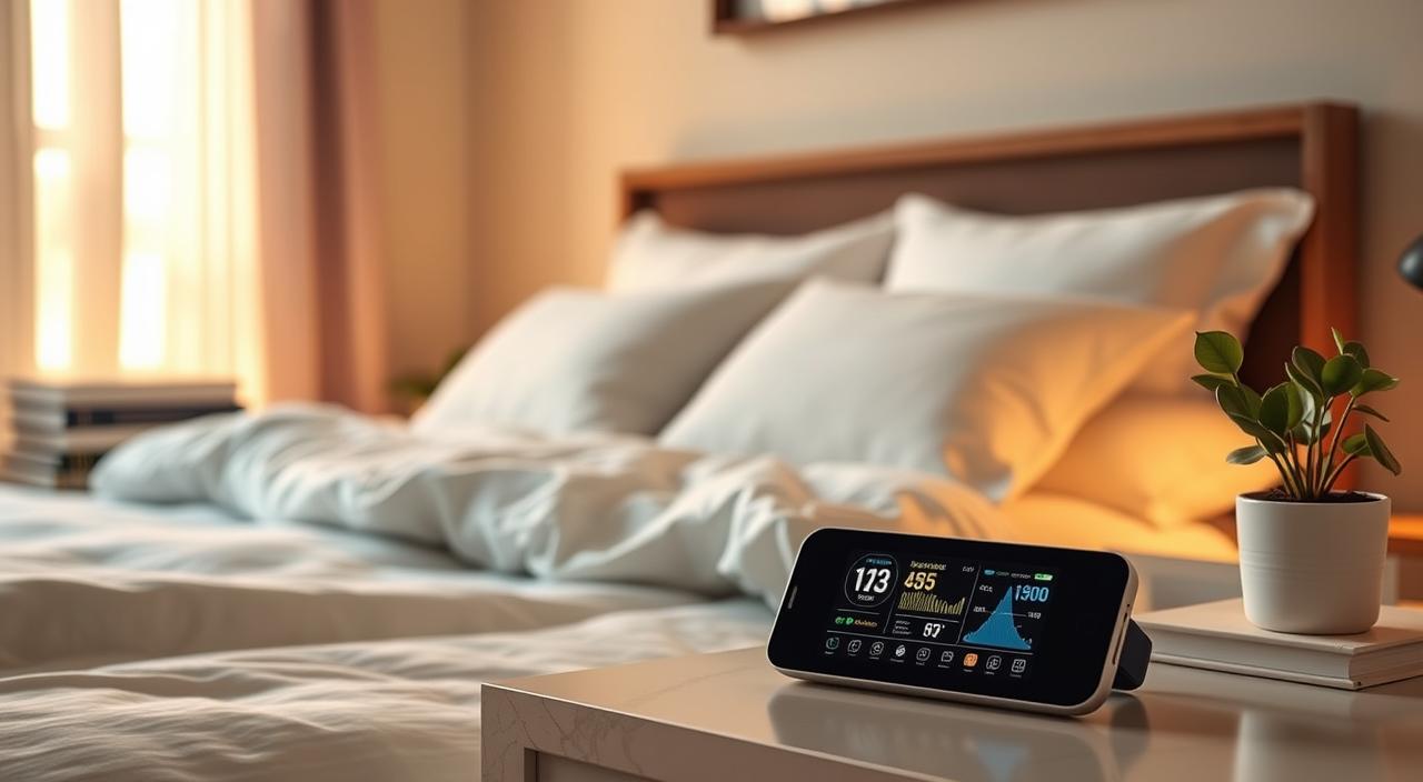 A serene and inviting bedroom with a comfortable bed, fluffy pillows, and soft bedding. The room is bathed in warm, diffuse lighting, creating a cozy and relaxing atmosphere. On the bedside table, there is a sleek, modern sleep tracker device displaying various wellness metrics. Stacks of books and a calming potted plant add subtle details. The overall scene conveys a sense of tranquility and self-care, reflecting the importance of sleep wellness assessments.