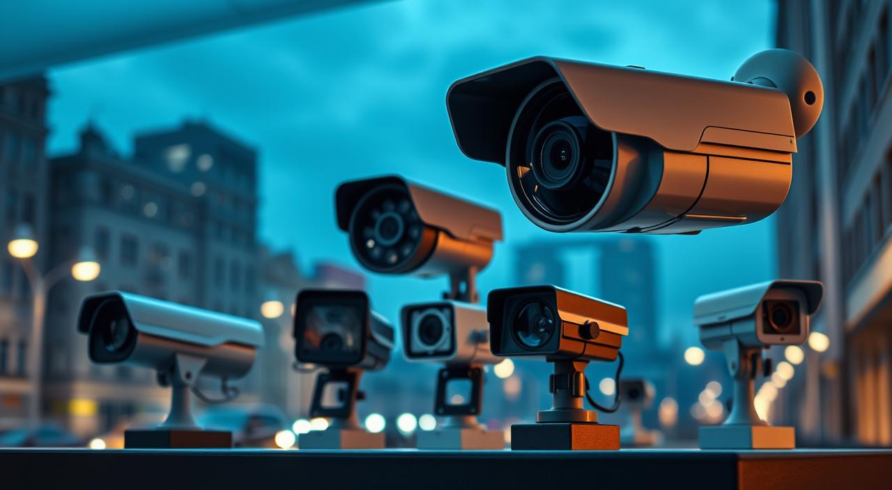 A high-tech outdoor security camera display, showcasing the evolution of surveillance technology over the decades. In the foreground, a sleek 4K ultra-high-definition camera with advanced night vision and motion tracking capabilities. In the middle ground, a series of vintage analog cameras from the 1980s and 1990s, their bulky frames and low-resolution lenses a stark contrast to the modern marvel. The background is a cityscape, dimly lit by streetlamps, hinting at the critical role these cameras play in maintaining public safety. The scene is bathed in a cool, bluish tone, creating a sense of technological progress and the relentless march of innovation.