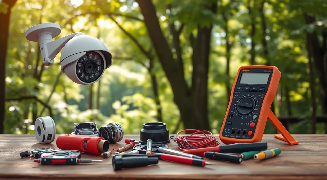 Outdoor camera troubleshooting guide: A detailed walkthrough set against a serene natural backdrop. In the foreground, an outdoor security camera in various states of disassembly, its components meticulously laid out for inspection. In the middle ground, a handheld multimeter and a set of tools, ready to diagnose and repair. The background features a lush, verdant forest scene, with dappled sunlight filtering through the canopy, creating a calming, contemplative atmosphere. The overall composition conveys a sense of technical expertise and problem-solving, while the natural setting provides a soothing, relatable context for the task at hand.