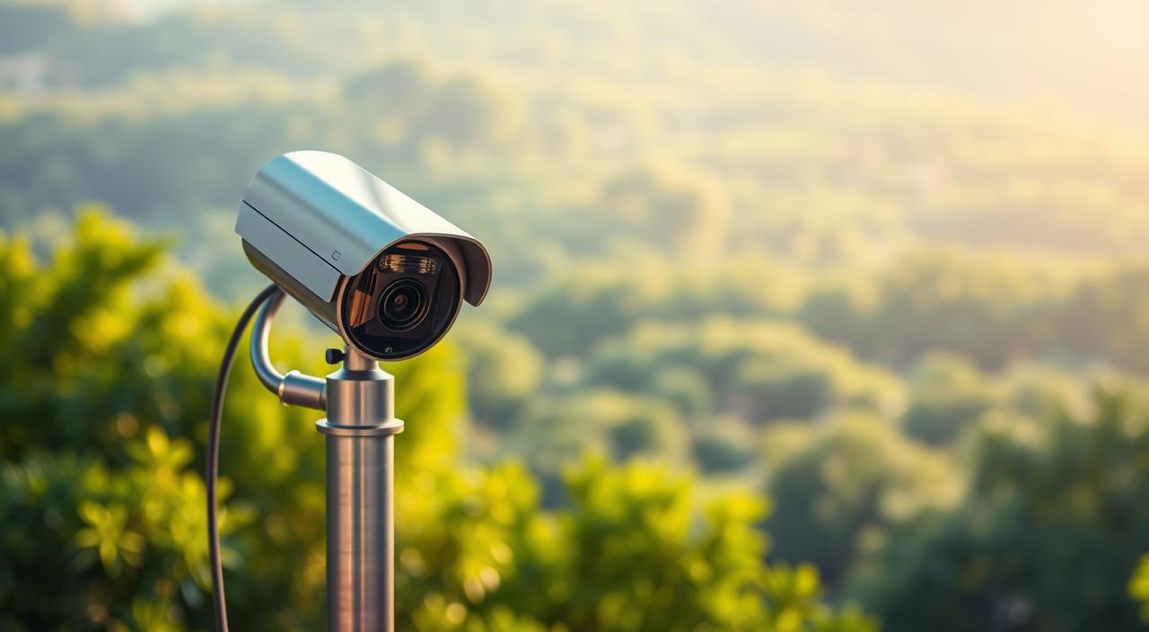 A sleek, modern 4K outdoor surveillance camera mounted on a sturdy metal pole, capturing a wide, panoramic view of a lush, verdant landscape. The camera's advanced lens system is encased in a weatherproof housing, with a discreet, unobtrusive design that blends seamlessly into the environment. Soft, natural lighting filters through the scene, casting a warm, inviting glow on the surroundings. The camera's high-resolution sensor ensures crystal-clear, detailed footage, capable of capturing even the smallest of movements with exceptional clarity. The overall scene conveys a sense of security and vigilance, with the camera poised to monitor the area with unwavering precision.