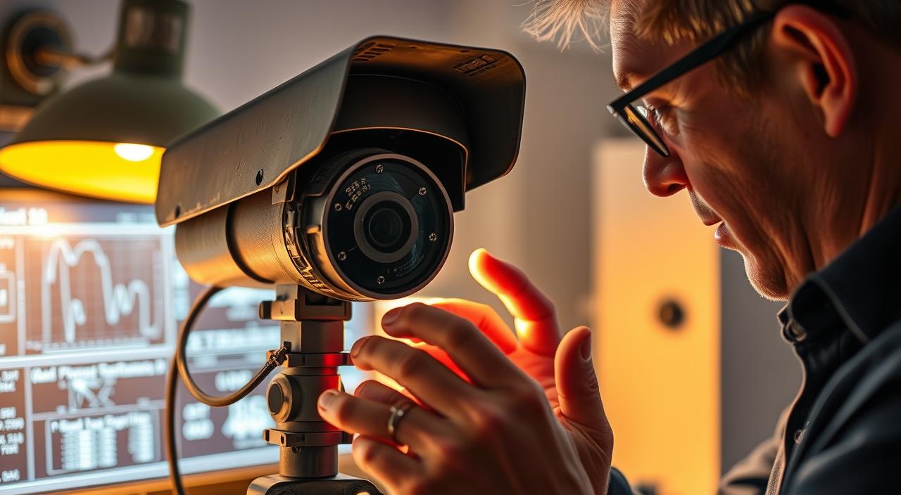 A technician closely examining the circuitry and lens of a weathered outdoor security camera, illuminated by the warm glow of a desktop lamp. The camera is mounted on a sturdy tripod, allowing for detailed inspection. In the background, a partially obscured display shows technical diagnostics and sensor data. The scene conveys a sense of focused troubleshooting, with the technician's hands delicately working to identify the source of the camera's malfunction.