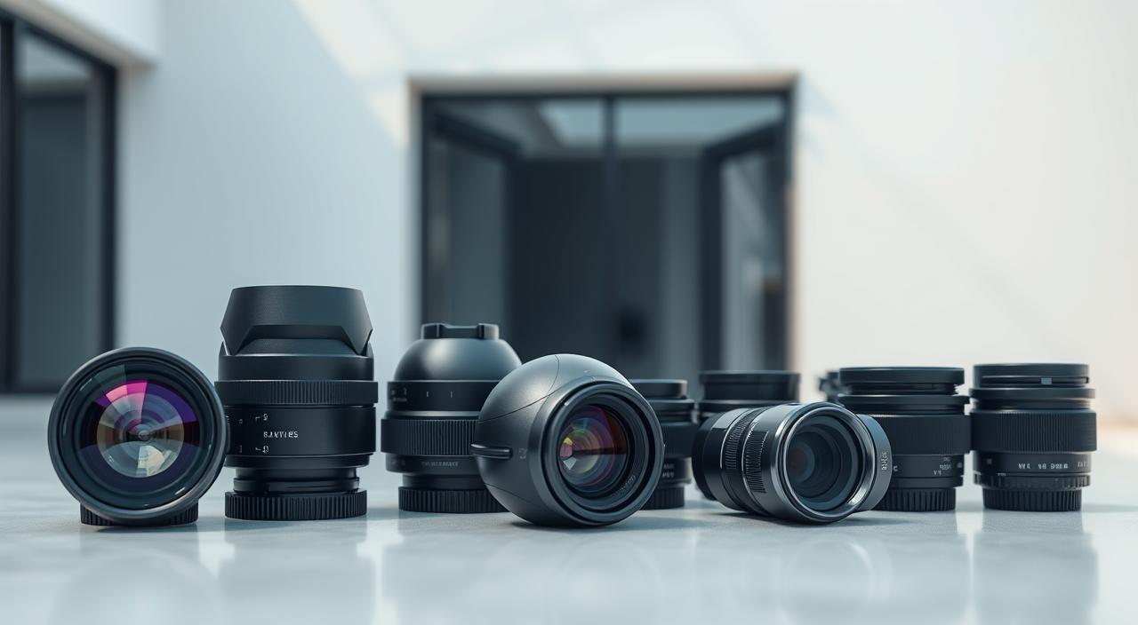 Outdoor security camera lens options: a crisp, detailed view of various lenses arranged on a clean, modern surface. In the foreground, a wide-angle lens, a telephoto lens, and a dome lens sit side by side, their intricate designs and glass elements catching the light. In the middle ground, a selection of varifocal lenses with adjustable focal lengths, showcasing their versatility. The background features a sleek, minimalist setting, with soft shadows and highlights that emphasize the technical precision of the lenses. The overall atmosphere conveys a sense of advanced surveillance technology, with a focus on the quality and capabilities of the lens components.