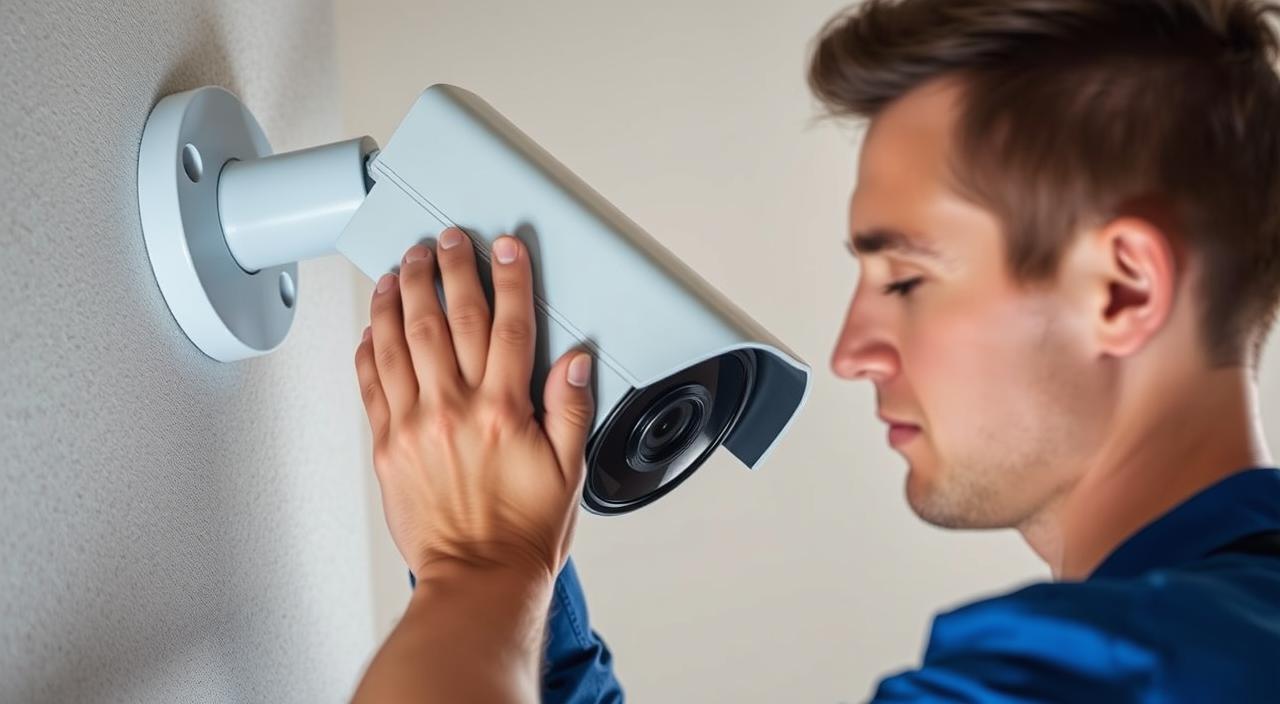 A person in a blue work uniform is carefully examining and cleaning the exterior of a modern outdoor security camera mounted on a wall. The camera is positioned at a slight angle, allowing a clear view of its lens, housing, and mounting hardware. Soft, even lighting illuminates the scene, casting subtle shadows that accentuate the camera's form. The background is blurred, giving focus to the maintenance task at hand. The person's expression conveys a sense of focused attention and diligence, underscoring the importance of regular upkeep for reliable outdoor security surveillance.