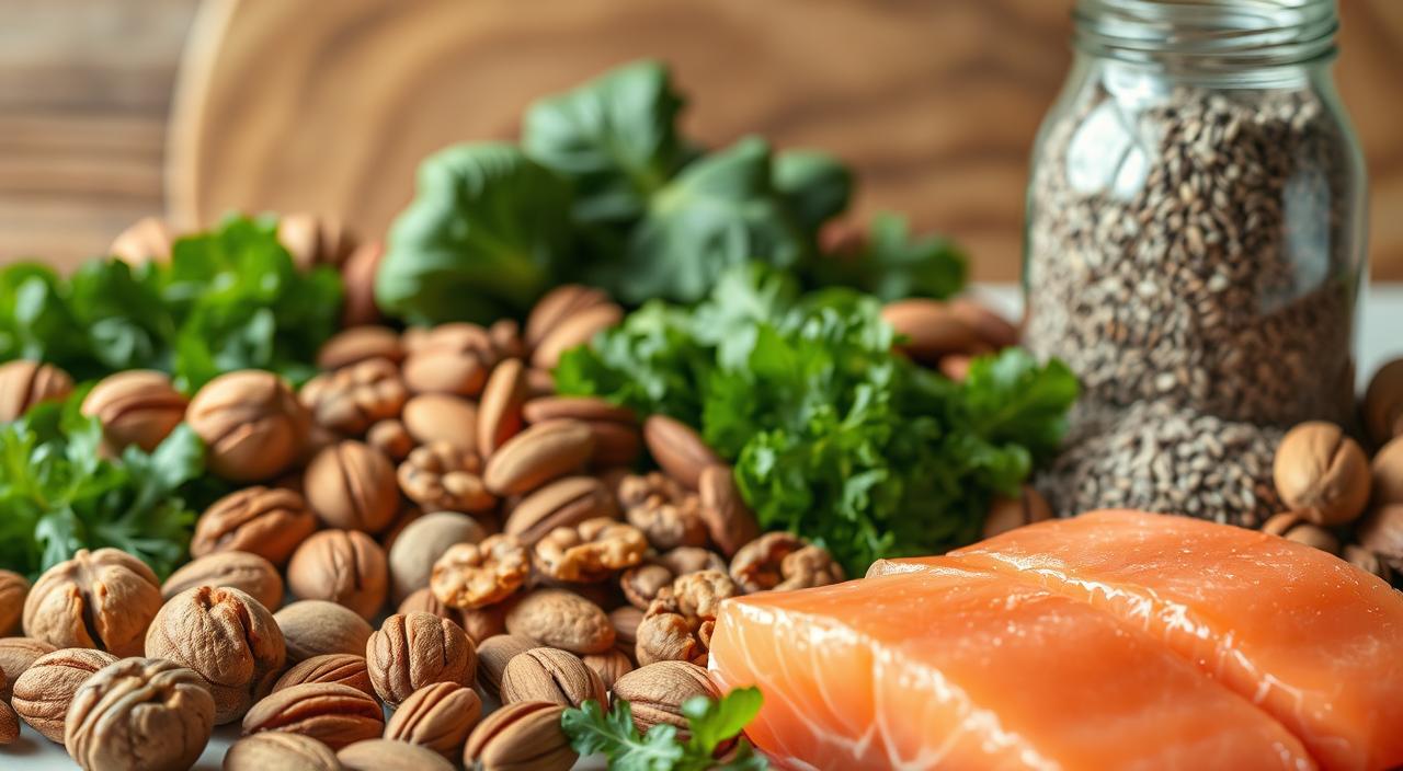 A still life arrangement of various omega-3 rich foods, captured in natural daylight with a warm, soft-focus lens. In the foreground, a selection of freshly caught salmon fillets, their pink flesh glistening. Behind them, a scattering of walnuts, pecans, and almonds, their intricate textures accentuated. In the middle ground, a vibrant array of leafy greens, including kale, spinach, and arugula, their verdant hues complementing the nutty tones. In the background, a glass jar filled with flaxseeds and chia seeds, their tiny shapes creating a mesmerizing pattern. The overall composition exudes a sense of balance, inviting the viewer to explore the nutritional abundance of these omega-3 powerhouses.
