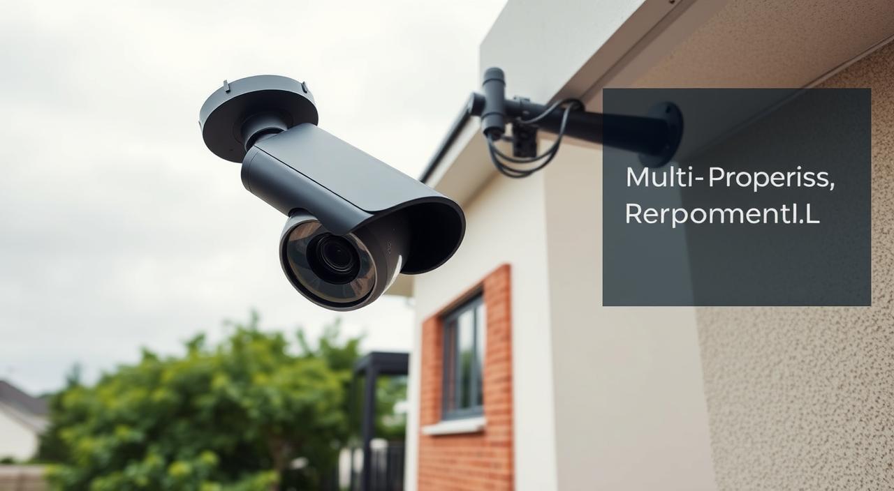 A durable weatherproof outdoor security camera mounted on a sturdy metal housing, featuring a wide-angle lens and infrared night vision capabilities. The camera is positioned on the corner of a modern two-story residential building, overlooking a lush green yard. The sky is overcast with a soft, natural lighting that highlights the matte black finish of the camera. The image conveys a sense of reliable surveillance and all-weather protection for a multi-property owner's assets.
