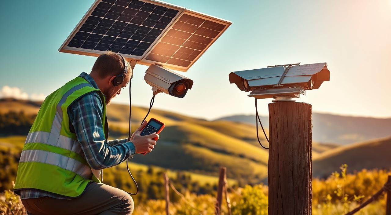 A pair of solar-powered security cameras mounted on a wooden post, their panels angled towards the sun. In the foreground, a technician in a green utility vest crouches, examining the wiring and connections with a multimeter. The background features a lush, verdant landscape with rolling hills and a clear blue sky, hinting at the off-grid, remote setting. Warm, golden sunlight filters through the scene, casting soft shadows and highlighting the technical details. The overall mood is one of problem-solving and troubleshooting in an eco-friendly, self-sufficient environment.