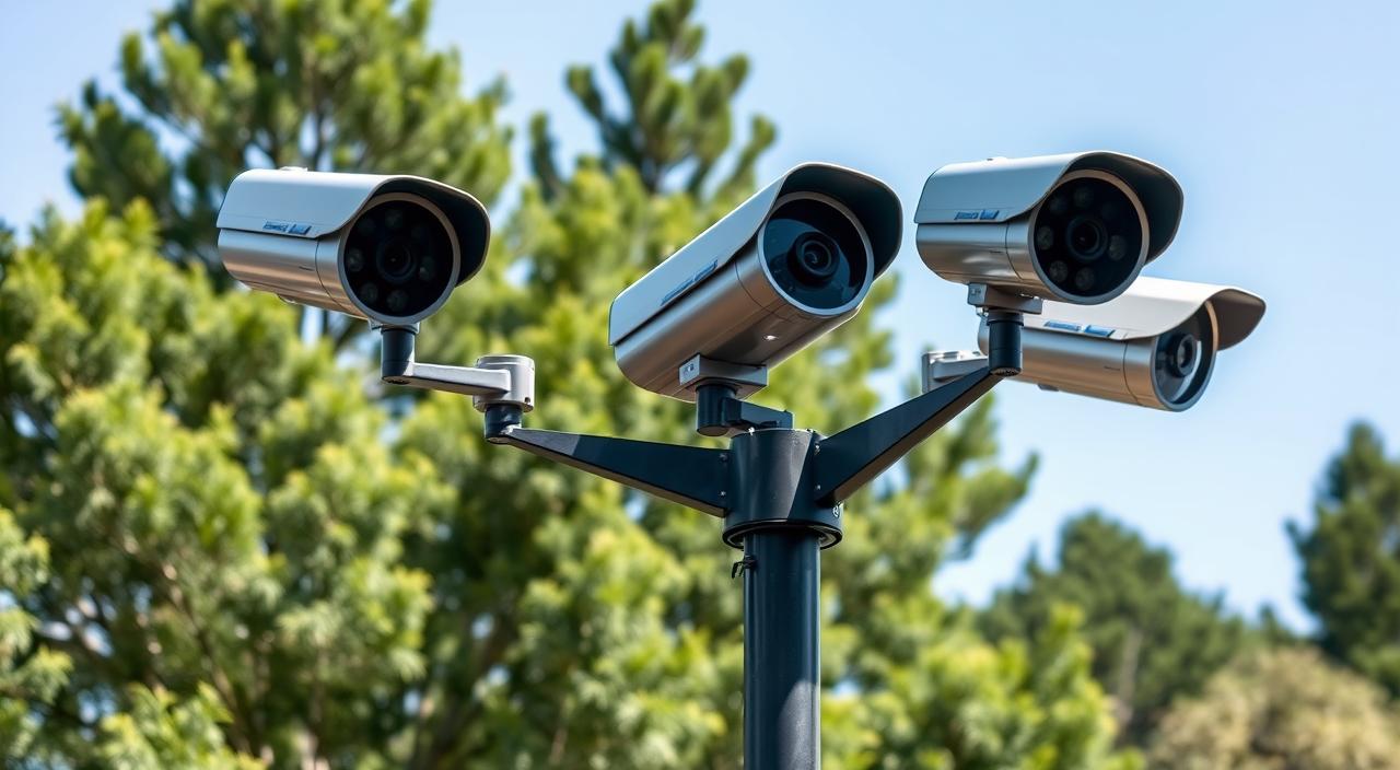 High-resolution outdoor surveillance cameras mounted on a sturdy metal pole, positioned at strategic angles to capture a wide field of view. The cameras feature advanced 4K image sensors, multi-element glass lenses, and powerful night vision capabilities. The scene is set against a backdrop of a lush, verdant landscape with towering trees and a clear, blue sky, creating a sense of security and vigilance. Subtle lighting illuminates the cameras, highlighting their sleek, modern design and technical sophistication. The overall atmosphere conveys a professional, state-of-the-art security system that provides comprehensive monitoring and protection for the surrounding area.